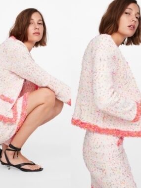 Zara White Multicolor Tweed Skirt Set with Pink Trim NWT